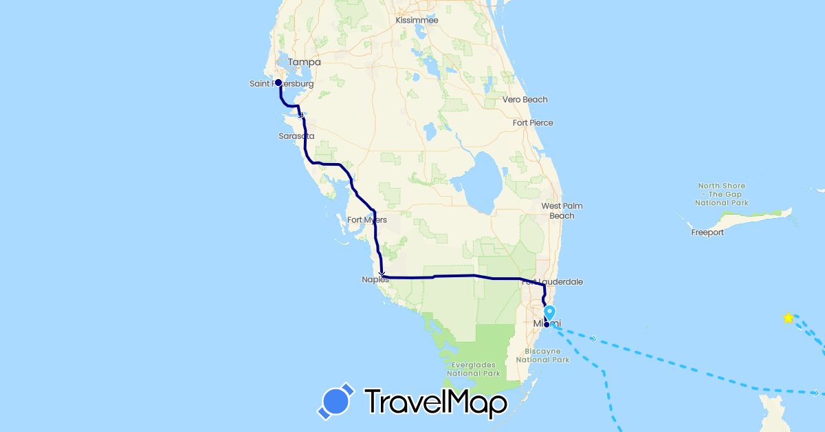 TravelMap itinerary: driving, boat in Bahamas, Haiti, Jamaica, United States (North America)